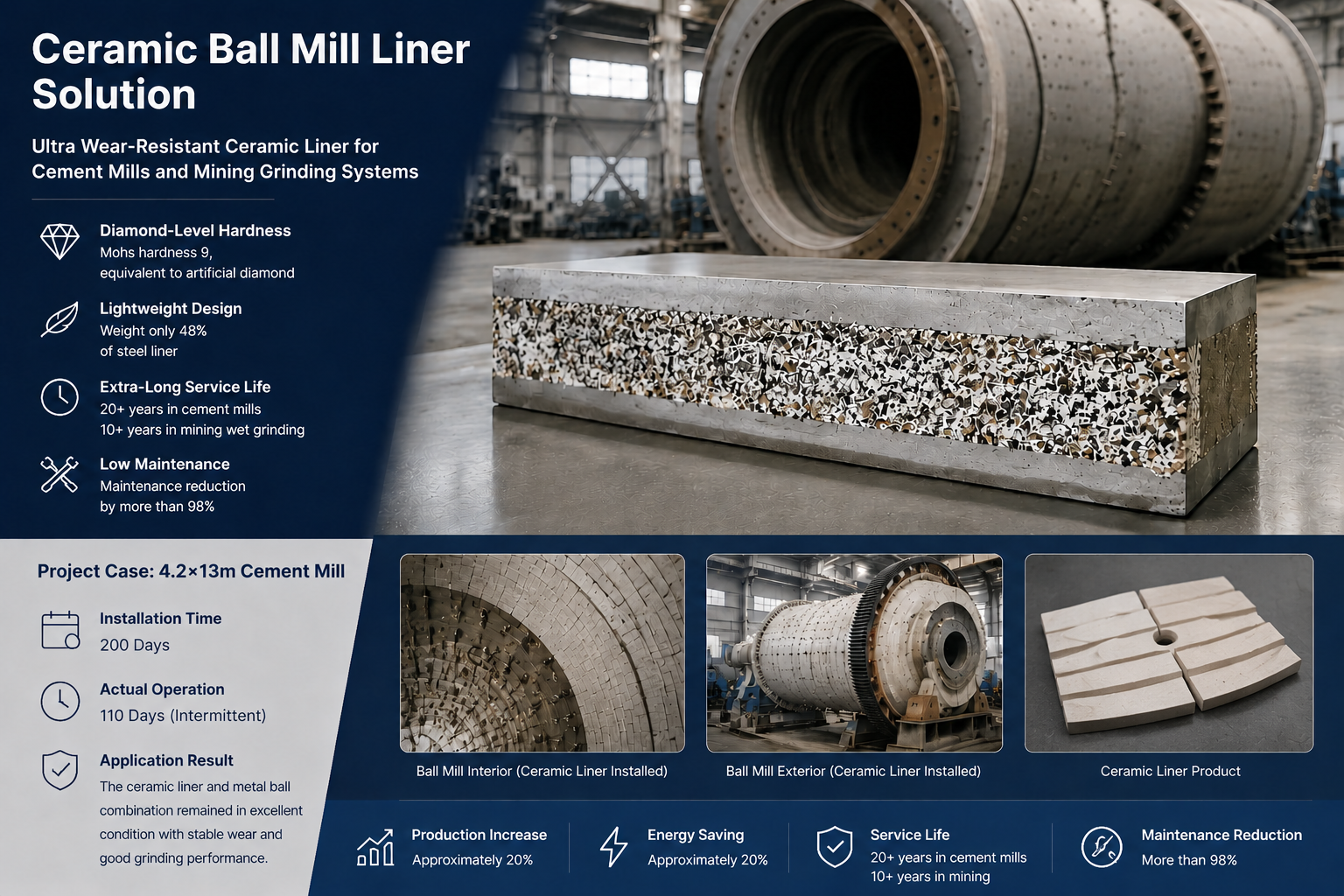 Ceramic Ball Mill Liner Solution | Advanced Wear-Resistant Ceramic Liners for Cement Mills and Mining Wet Grinding Applications